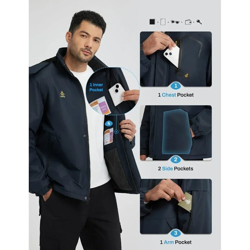 Men's Navy Blue Waterproof Winter Warm Snow Coat Fleece Lined Hiking Ski Jacket